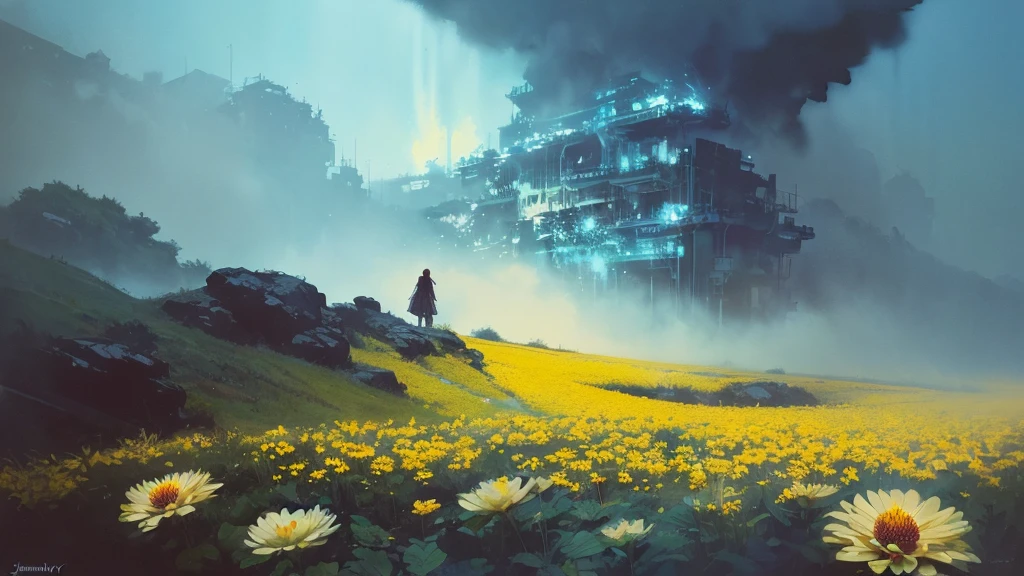 32k, Masterpiece, Highest quality, One girl, Brown Hair, Detailed eyes, flower,Dahlia, Light blue and yellow style,A dreamy, romantic piece,Pale yellow, Mysterious Leaves,A playful arrangement,Fantasy,High Contrast,Ink strokes,explosion,Exposure, Impression of light blue and yellow tones,Abstract,((Watercolours by John Berkey and Jeremy Mann )) Brush strokes,Negative Space, Tyndall effect,