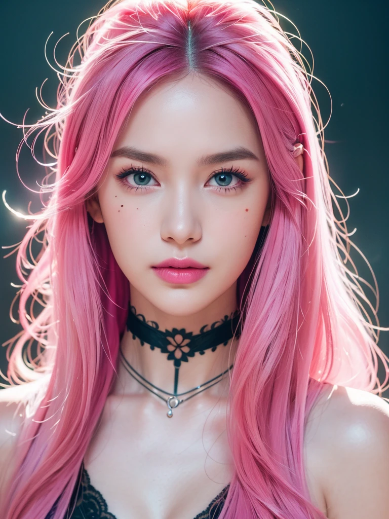 1girl, alone, solitary, high quality, (best quality,4k,8k,highres,masterpiece:1.2),ultra-detailed,(realistic,photorealistic,photo-realistic:1.37),gorgeous hair,fuchsia hair,long curly hair with bangs,sharp eyes,mole under the eye,plump lips,jewelry,(high detailed skin:1.4),(rim lighting:1.3),(lit:1.3),(sunny day:1.3),portrait,beautiful lips,waist-length hair,seductive gaze,moles,casual clothes,colorful clothing,close up,super long hair,choker necklace,tattoos,tattooed,light eyes,bangs,fringe,20 year old,dimples on the cheeks,dimples,neon pink hair,neonhair,magenta hair,bright neon pink hair,lace,elegant,neon pink hair, neon pink,neonpink