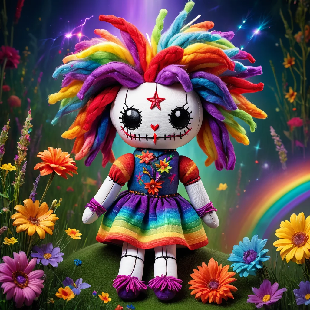 (knitted toy voodoo doll:1.9), (Voodoo Pony:1.2), (Rainbow Mage:1.3), (Clothing: colorful mane with glowing rainbow patterns:1.0), (Accessories: enchanted rainbow crystal emitting sparks of color magic, levitating spectral rainbows:1.1), (background: vibrant meadow with floating rainbows, glowing flowers, and spectral light:1.2) best quality, masterpiece, detailed soft oil painting, detailed background, dramatic cinematic lighting, soft edge lighting, professional, dramatic lighting, hard edge lighting, ultra quality, 4k,masterpiece, best quality, 8k, ultra highres, highres, extremely detailed