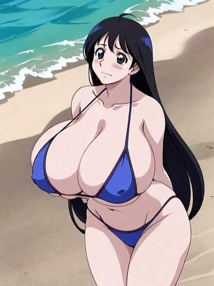 (bikini,gigantic breasts,disproportionate breasts:1.5),((nakanotani mina,airmaster,(massive breasts,gigantic breasts:1.5),black hair,long hair,shibata yokusaru style,wide hip)),wet,sweat,blush,nipples),(beach,sea,water)),full body