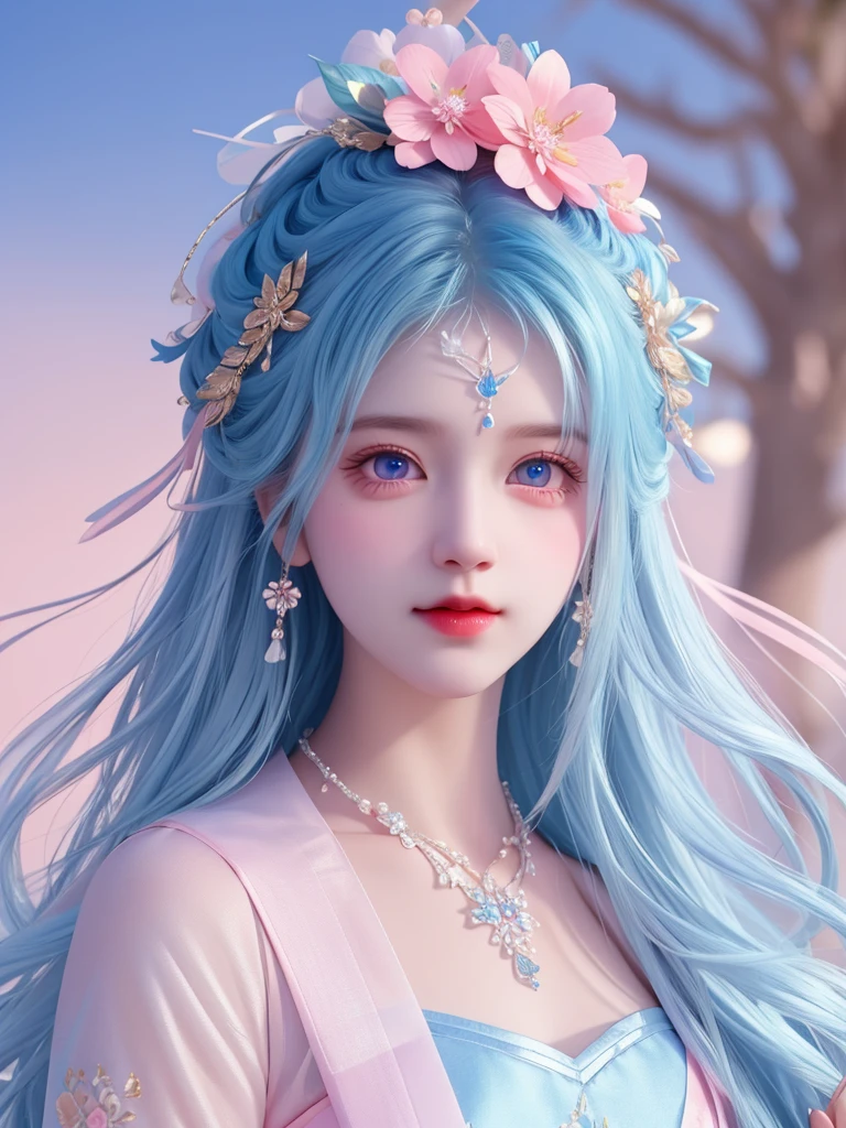 best quality, masterpiece, High target, There is a girl with a basket of flowers on her head, beautiful clothes, Hair Decorationss, necklace, Decorations, Pretty Face, When the body, Tyndall effect, Realistic Portraits, Edge lighting, Two-color light, (Very delicate skin:1.2), 8K uhd, Digital SLR Camera, Soft Light, high quality, Volumetric Lighting, Honest, photo, high resolution, 4K, 8K, Bokeh, Sky blue hair，Pink Eyes.