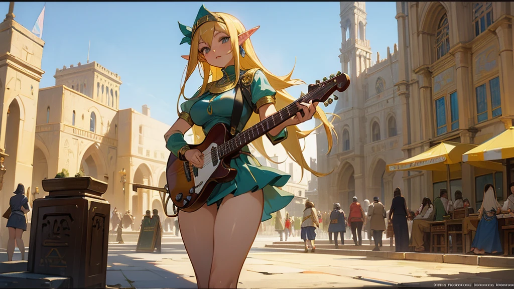 Anime Style,Nostalgic,Detailed Egyptian-style streetscape,The medieval world,A bustling square with many people,Beautiful Elf Bard,guitar,Large Breasts,Healthy thighs