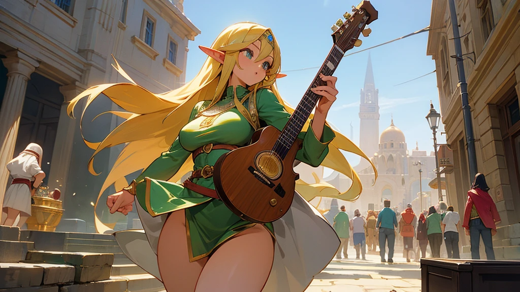 Anime Style,Nostalgic,Detailed Egyptian-style streetscape,The medieval world,A bustling square with many people,Beautiful Elf Bard,guitar,Large Breasts,Healthy thighs