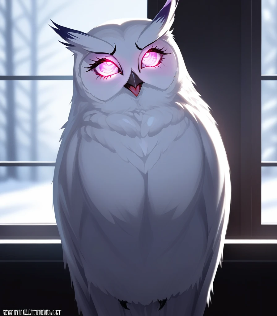 score_9,score_8_up,score_7_up, an Anthro avian snow owl, white and black female snow owl, beak, tall and curvy, naked, closed eyes, big round glasses, wearing black lingerie, 
