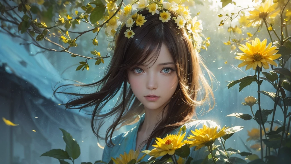 32k, Masterpiece, Highest quality, One girl, Brown Hair, Detailed eyes, flower,Dahlia, Light blue and yellow style,A dreamy, romantic piece,Pale yellow, Mysterious Leaves,A playful arrangement,Fantasy,High Contrast,Ink strokes,explosion,Exposure, Impression of light blue and yellow tones,Abstract,((Watercolours by John Berkey and Jeremy Mann )) Brush strokes,Negative Space, Tyndall effect,