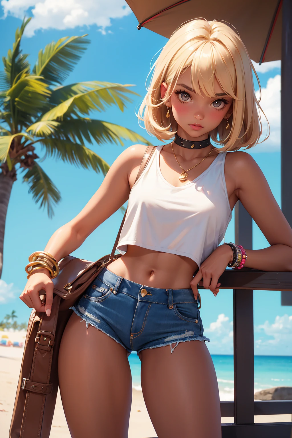 age girl-model 18 years old, beautiful, very tanned, blonde, bob hair, bangs, brown eyes, beautiful figure, girl wearing crop shirt and too short mini shorts, beautiful long legs, slave bracelets, slave choker, manicure, cute makeup, sweaty armpits, flirtatiously posing, hot summer, hot flirty, sexy posing, summer outfit, top quality, higest quality, pin-up style, retro 80s style, Daisy Dukes style, Miami vibes, Californian