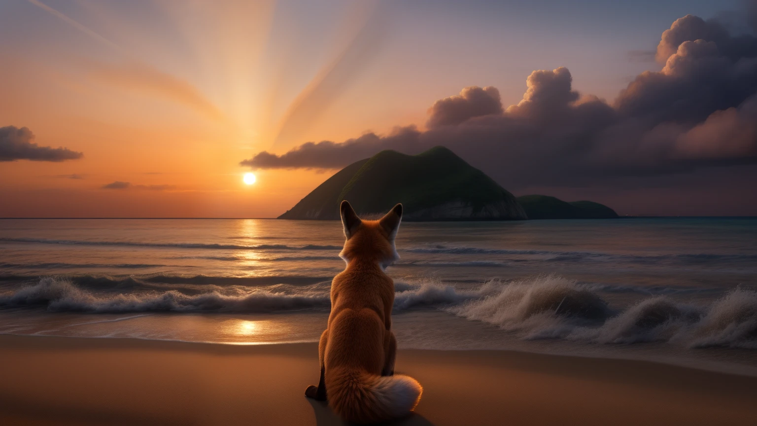 feral fox alone outdoors on the background of a beach, turning your back to the camera, furry fox tail, ((full body)). In an illuminated evening, with very few orange clouds, some islands in the distance