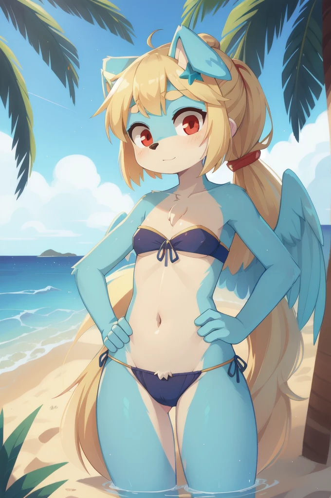 score_9,score_8_up,score_7_up, source_cartoon, source_furry, Furry girl, dog, wavy bangs, long wavy ponytail, blonde hair, red eyes, small breasts, detailed body fur, ((star hairpin, dark blue strapless fringed bandeau bikini, fringed bikini bottom)), blue feathered wings, masterpiece, looking at you, two tone body fur, turquoise body fur, clear turquoise body fur, detailed face, big eyebrows, detailed eyes, detailed body, detailed hands, glistering body, shiny body, skinny, :3, floppy dog ears, beach, clear sky, hands on hips,