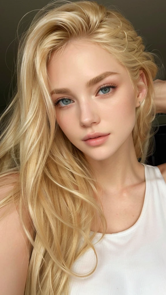 a close up of a woman with long blonde hair wearing a white tank top, face perfect ), jaw dropping beauty, a gorgeous blonde, face like exposed ester, jaw dropping beauty, blonde and attractive features, flawless face, face perfect, sexy face, A girl with blonde hair, Extremely beautiful face, face perfect!!, inspired by Károly Lotz