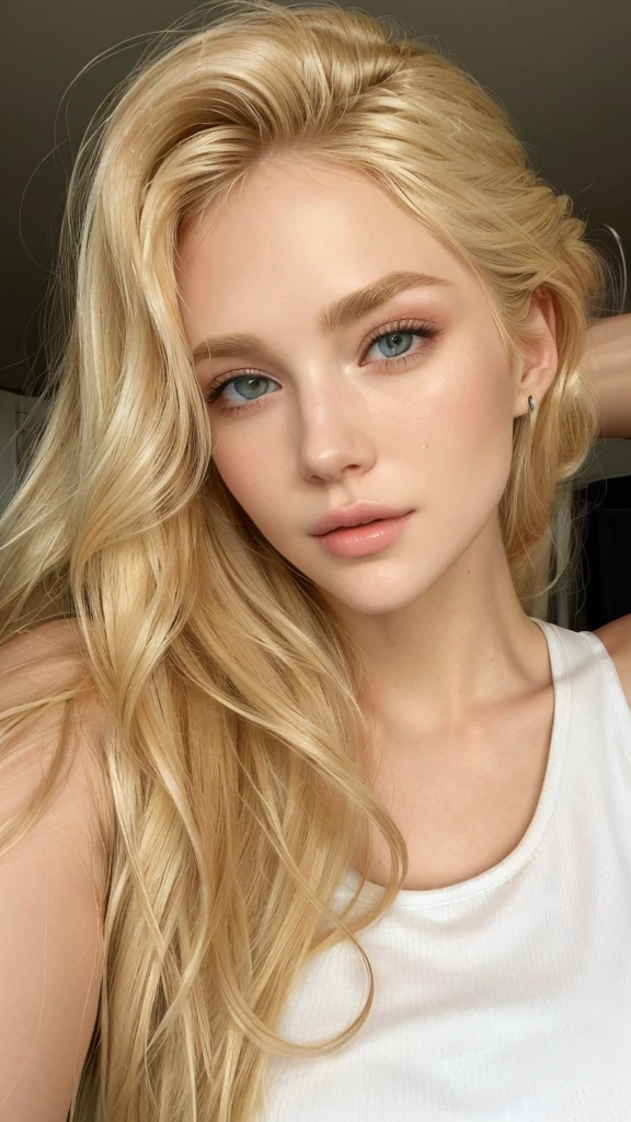 a close up of a woman with long blonde hair wearing a white tank top, face perfect ), jaw dropping beauty, a gorgeous blonde, face like exposed ester, jaw dropping beauty, blonde and attractive features, flawless face, face perfect, sexy face, A girl with blonde hair, Extremely beautiful face, face perfect!!, inspired by Károly Lotz