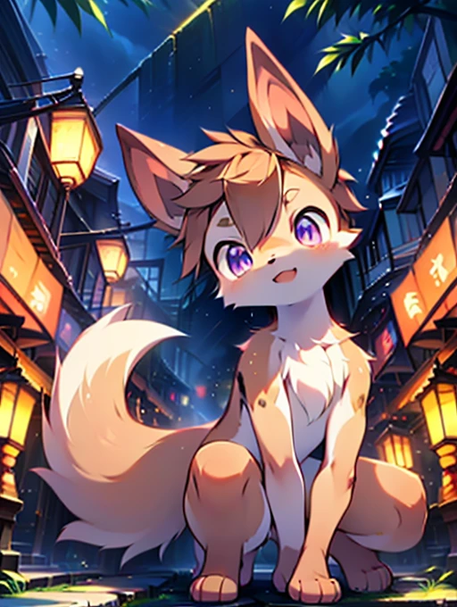 Civet cat, Little Boy, cute, (alone), (((Has brown and white fur))), Big purple eyes, Blushing, smile, Open your mouth, walking, night, Ancient Asian cities, bright street lights, Blue and black slate road, Empty Streets, Starry Sky, Shadow, Detailed facial depiction, ((Accurate hand drawing)), レンブラントの光とShadow, Ultra-fine，Completely naked，Naked，Naked，Full nudity，Nude，Barely，Fully visible，Spread your legs and point your crotch，Embarrassing，Embarrassed look，On all fours，Put your hands and feet on the ground，Sit like a dog，quadruped，Accurate hand and foot count，shame，Estrus，first round，Fantasy，Anime-style depiction，