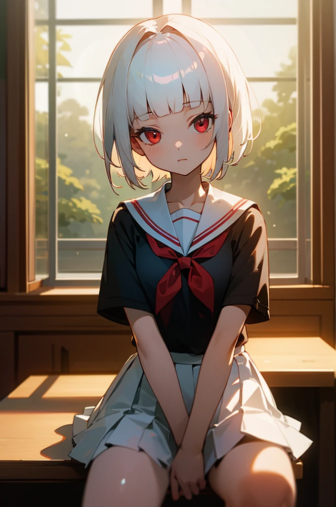 ((masterpiece,Highest quality, High resolution)), One girl, alone, Red eyes, Short white hair, Blunt bangs, Sitting, Arms folded on the table, Sleep arm in arm, , White Seraphim, Red Sailor Collar, Short sleeve, White pleated skirt, (In the library), Dramatic Light, Next to the window, afternoon light through the window, afternoon, Bokeh effect