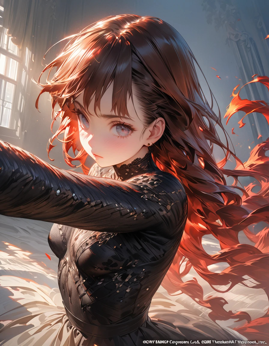 Detailed description　Intense flames across the screen　Girl(Masseter muscle area, high quality, Mysterious, Beautiful and beautiful, Ideal body proportions, Official image art, Impressionism), (Ultra-high resolution, 8k RAW photos, Photorealistic, Natural light, Textile Shading),
