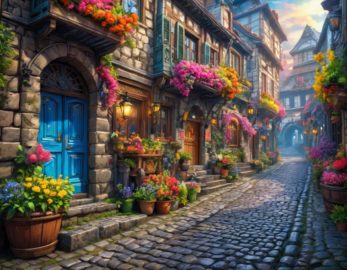 8K, 超High resolution, High resolution, Cinematic, Cinematic image, Intricate details, Realistic, photograph,
Fantasy art style, Mysterious, Cobblestone streets winding between the buildings. spring. Flowers.
Vibrant Style, Flowing and intermingling colors. Airbrush painting.