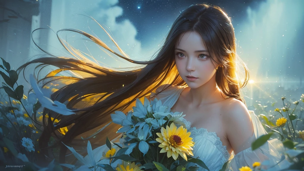 32k, Masterpiece, Highest quality, One girl, Brown Hair, Detailed eyes, flower,Dahlia, Light blue and yellow style,A dreamy, romantic piece,Pale yellow, Mysterious Leaves,A playful arrangement,Fantasy,High Contrast,Ink strokes,explosion,Exposure, Impression of light blue and yellow tones,Abstract,((Watercolours by John Berkey and Jeremy Mann )) Brush strokes,Negative Space, Tyndall effect,