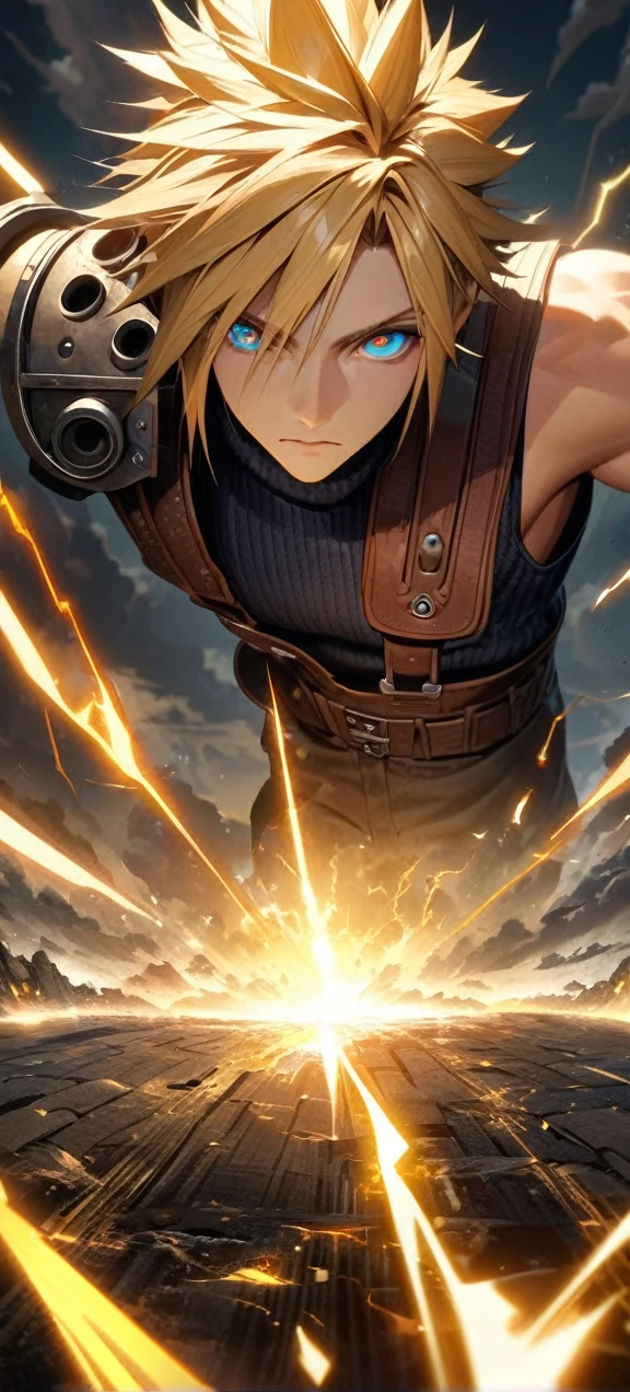 Symetrical,absurdres, highres, ultra detailed, HDR, masterpiece, extremely detailed face and eyes, Cloud Strife,final fantasy 7, yellow hair , , solo, man, handsome, ,, ,Epic fight scene, yellow lightning effect, glowing glitters, symetrical ,