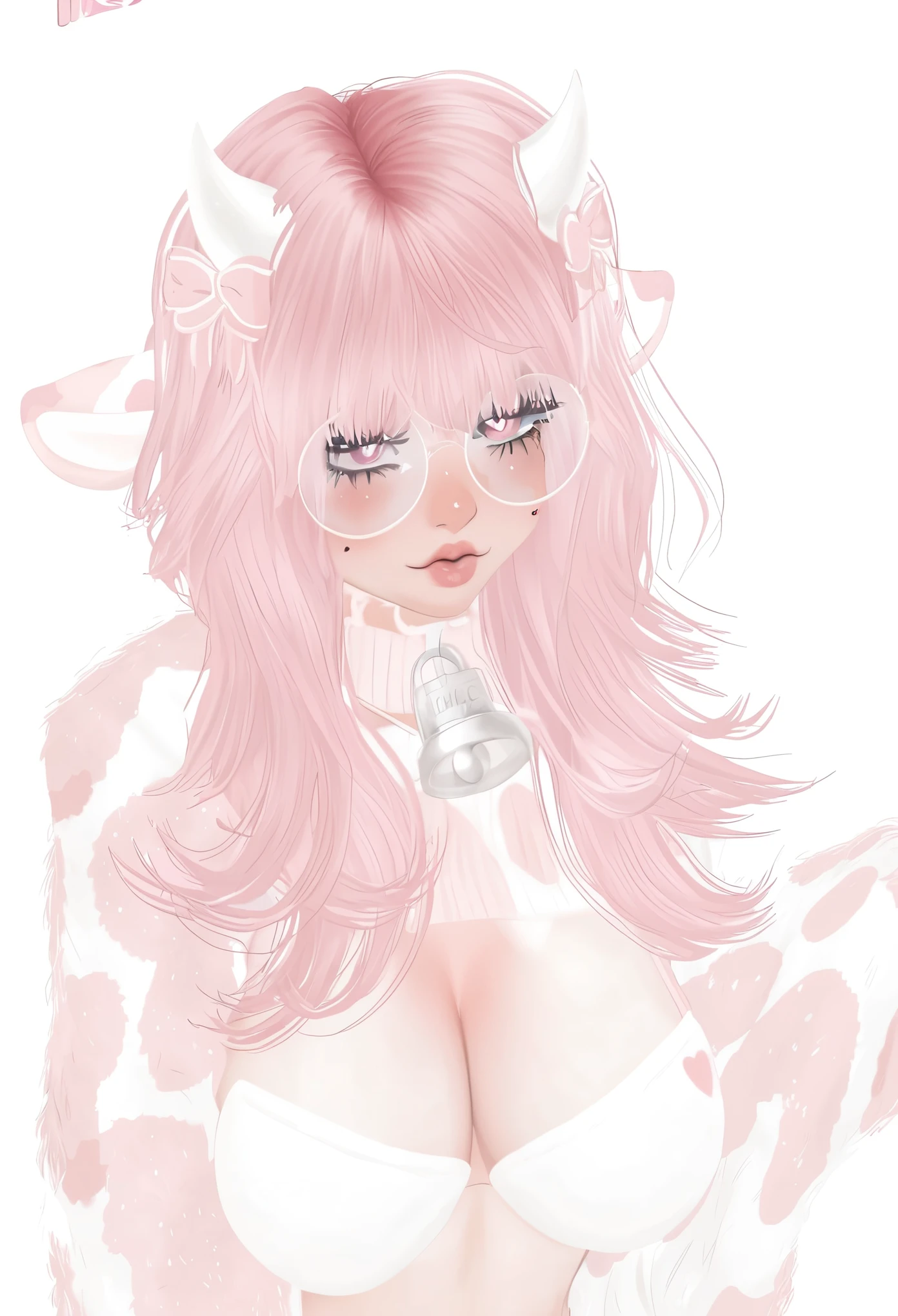 IMVU, pink hair, pink heart eyes, white round glasses, pale skin, white and pink cow ears, white horns with pink bows, fuzzy white jacket with pink spots, pink cowbell choker, kawaii, soft, high quality, masterpiece, 8k