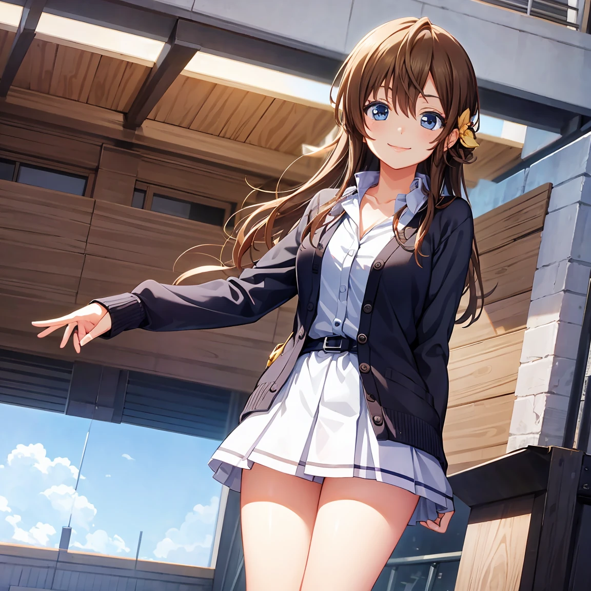 Smile,best Smile,double Peace,cardigan,miniskirt,masterpiece,best quality,ultra detailed,high resolution,extremely detailed CG, (perfect hand),