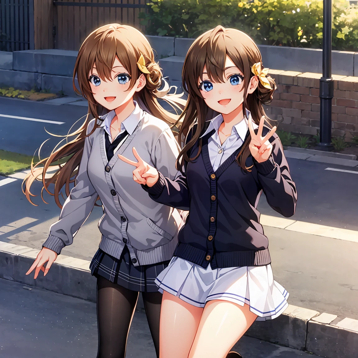 Smile,best Smile,double Peace,cardigan,miniskirt,masterpiece,best quality,ultra detailed,high resolution,extremely detailed CG, (perfect hand),