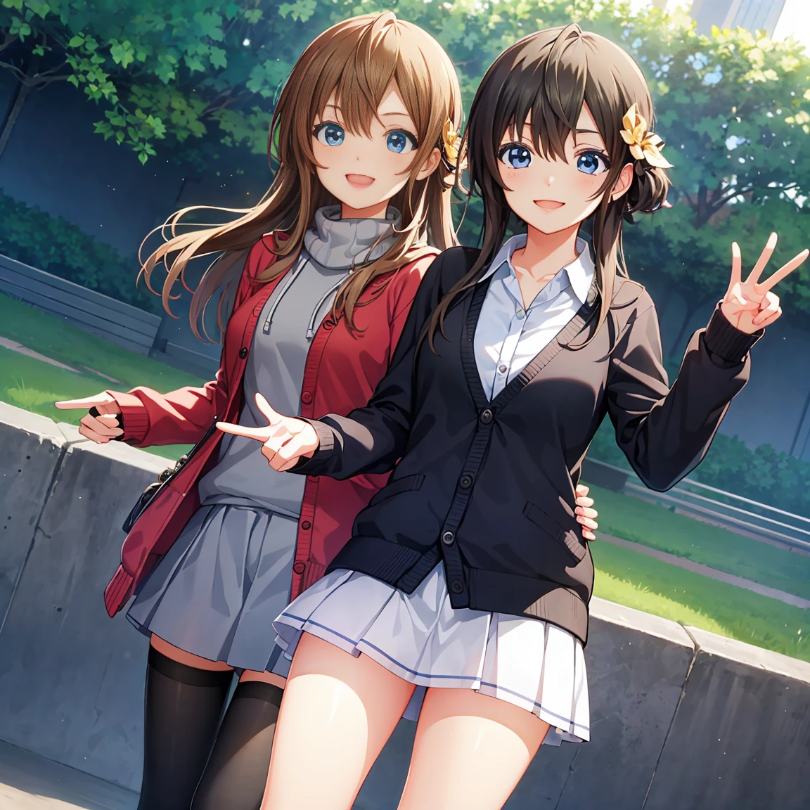 Smile,best Smile,double Peace,cardigan,miniskirt,masterpiece,best quality,ultra detailed,high resolution,extremely detailed CG, (perfect hand),