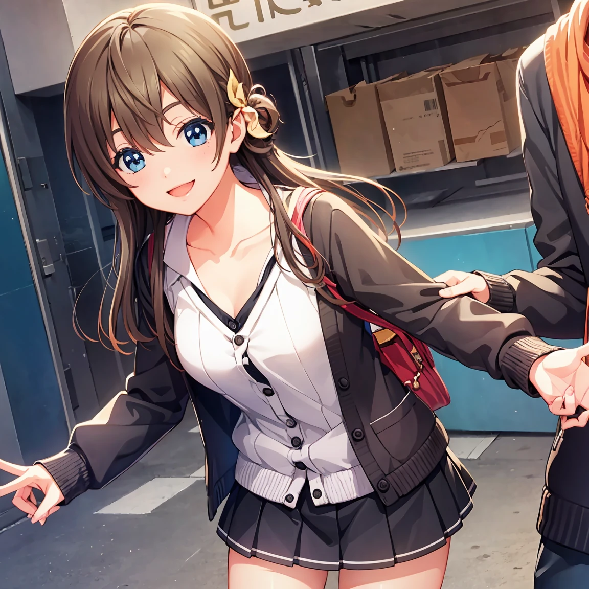 Smile,best Smile,double Peace,cardigan,miniskirt,masterpiece,best quality,ultra detailed,high resolution,extremely detailed CG, (perfect hand),