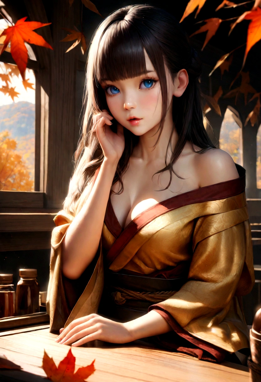 (Tabletop:1.3, Photorealistic:1.4, 8K), Highest quality, masterpiece, Ultra-high resolution, Professional camera work, Grow light effect, Realistic portraits, Cinematic Light, Highly detailed skin and facial textures:1.3, Perfect dynamic composition, Ultra-detailed, Detailed eyes, Detailed limbs, Autumn Night, Lighting, Autumn leaves landscape:1.2, One Girl, Cute and sexy slim 24 year old woman, Fair skin, Autumn leaves fluttering:1.2, (A dreamy look:0.9, Totally captivates you:1.0), (Golden kimono:1.35 Off Shoulder), (Ample breasts:0.9), (Buckshot, Calm pose), (Beautiful Blue Eyes, Beautiful erotic eyes:0.85), Sexy Face:0.4, (A taste that exudes beautiful eroticism:0.85), ((Too cute beauty:0.9))
