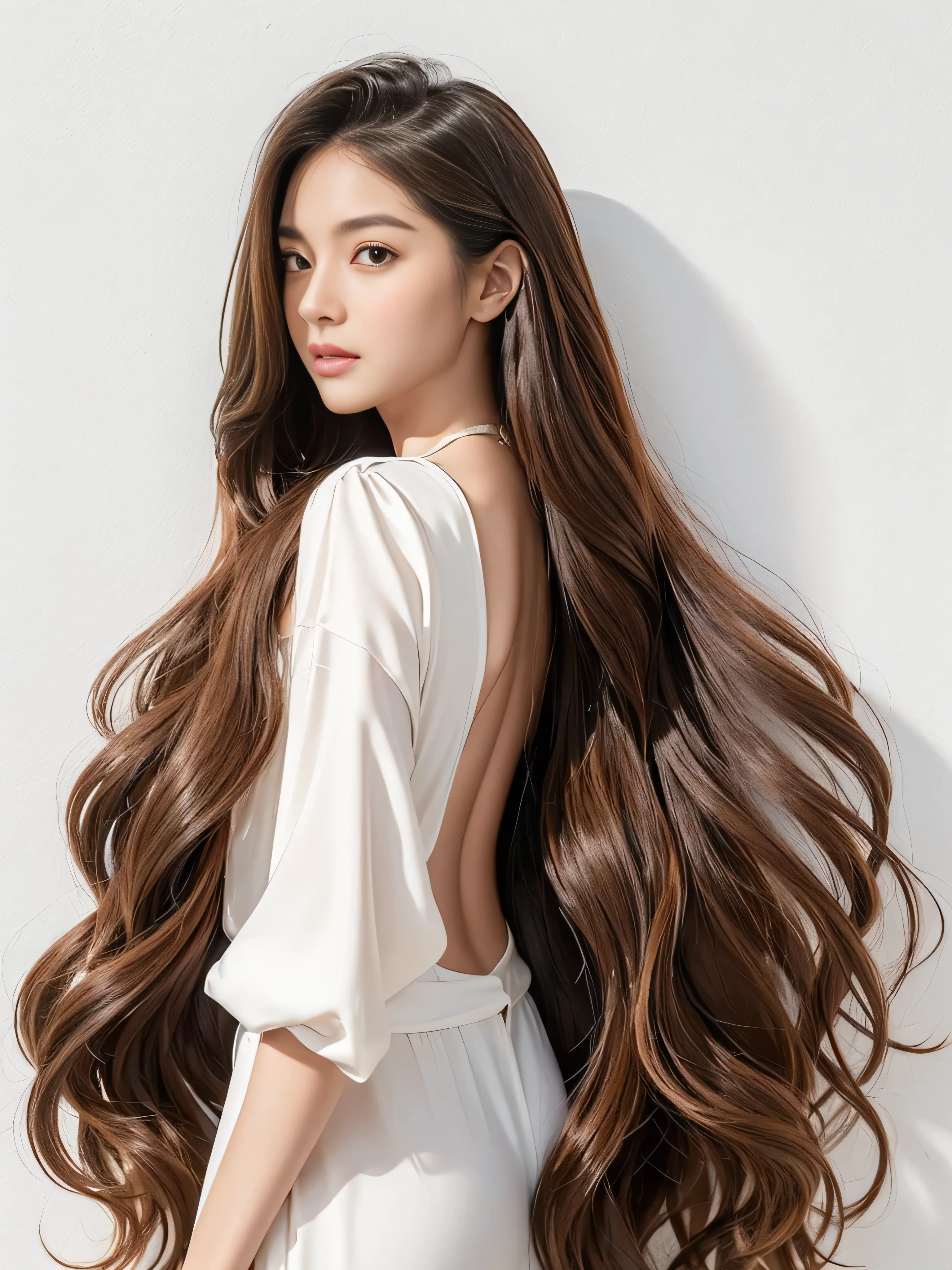 １woman　((Waist up shot:!!!))　(she is in front of a white wall、Random poses showing as much back and hair as possible:1.8)　(she looks very confident as she looks at the viewers.:1.8)　((Highest quality)), ((masterpiece)), (family friendly), (Get used to it)　((Her hair is heavy and curly.:1.5))　(((Her hair color is the perfect light brown..:1.8!!)))　(Her bangs are neatly trimmed and straight down.:1.5)　(Highest qualityの　long hair to the ankles!!!!!　Highest quality　Hair quality with attention to detail　long hair to the ankles!!!!!、Very long and lasting hair!!!!!　Flowing Hair　Her hair is incredibly curly!!!　Very shiny and thick hair　Abnormally long hair that lasts forever!!!!!　Flowing hair on both ends!!!!!　long hair to the ankles!!!!!　long hair to the ankles!!!!!　Thick and shiny hair　Very free hair　Abnormally long hair!!!!!　Beautiful silky hair　Beautiful and shiny hair　Beautiful and shiny hair　Beautiful silky hair　long hair to the ankles!!!!!　Very long hair!!!!!　Very long hair!!!!!)　(Highest quality　The best ultra-fine　long hair to the ankles!!!!!、Very long hair that lasts forever　Flowing Hair　Her hair is incredibly curly!!!　Very shiny and thick hair　Abnormally long hair that lasts forever!!!!!　Flowing hair on both ends　long hair to the ankles!!!!!　Thick and shiny hair　Very free hair　Abnormally long hair!!!!!　Beautiful silky hair　long hair to the ankles!!!!!　Beautiful and shiny hair　Beautiful and shiny hair　Beautiful silky hair　long hair to the ankles!!!!!　Very very, Very long hair!!!!!　Very very, Very long hair!!!!!)　(she is the most beautiful 24-year-old hair model in Japan...........)　Perfect woman&#39;face　(Her face shape is thinner than average:1.8)　(Her eyes are larger than average:1.8　Her nose is higher than average:1.8)　(she has a typical Japanese build and skin color..., Her skin is very high quality and ultra high definition.、very beautiful and glowing skin)　(Her face is dignified and sexy)（she achieved her sexy look with the help of a professional makeup artist.。...　Lipstick is bright red!!!　The eyeliner is a beautiful black)　(s