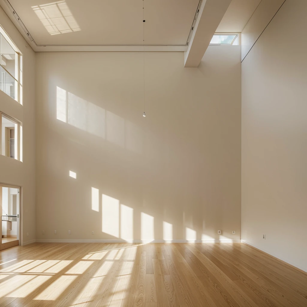 Imagine a spacious, minimalist big hall with high ceilings and ample natural light streaming in from the left side of the room. The sunlight creates gentle rays that illuminate the far wall, adding warmth and depth to the scene. The hall itself is modern and uncluttered and huge. with clean lines and neutral colors dominating the decor. We dont see the floor Or the ceiling.