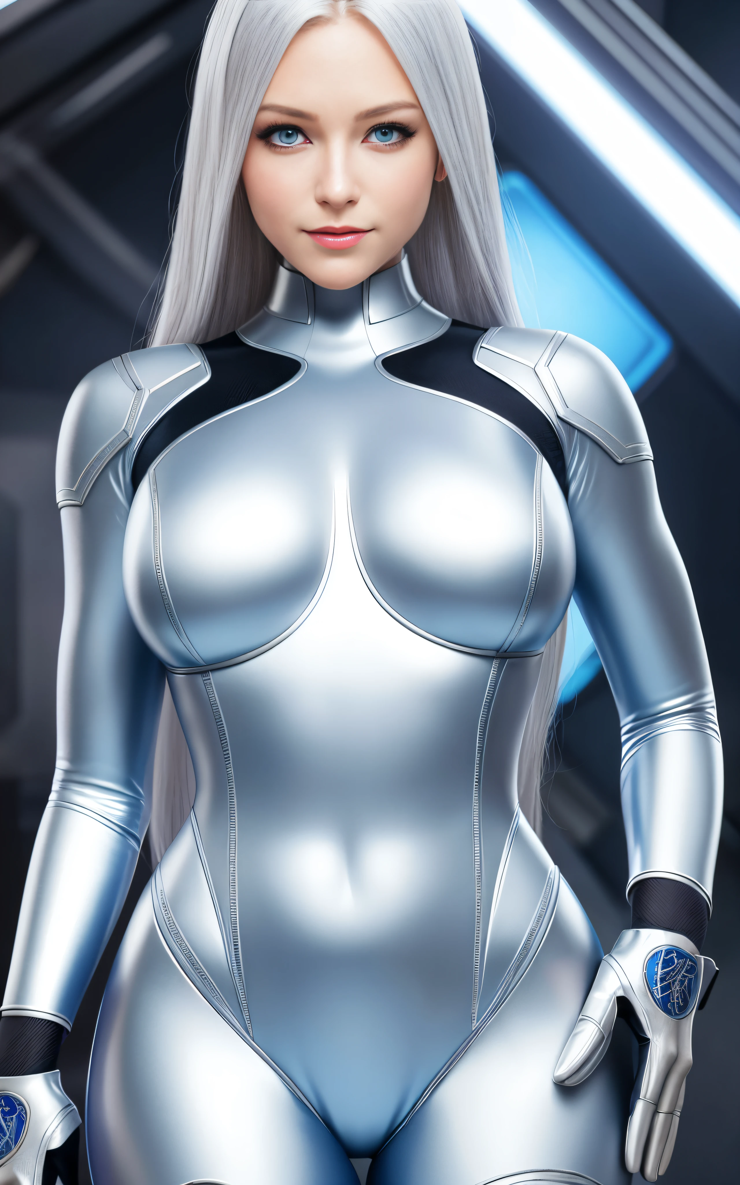 Blue eyes, medium shot, Impressive proportions, SMILE, photorealistic, a beauty girl, mono, silver hair, intricate details, big breasts, zero suit