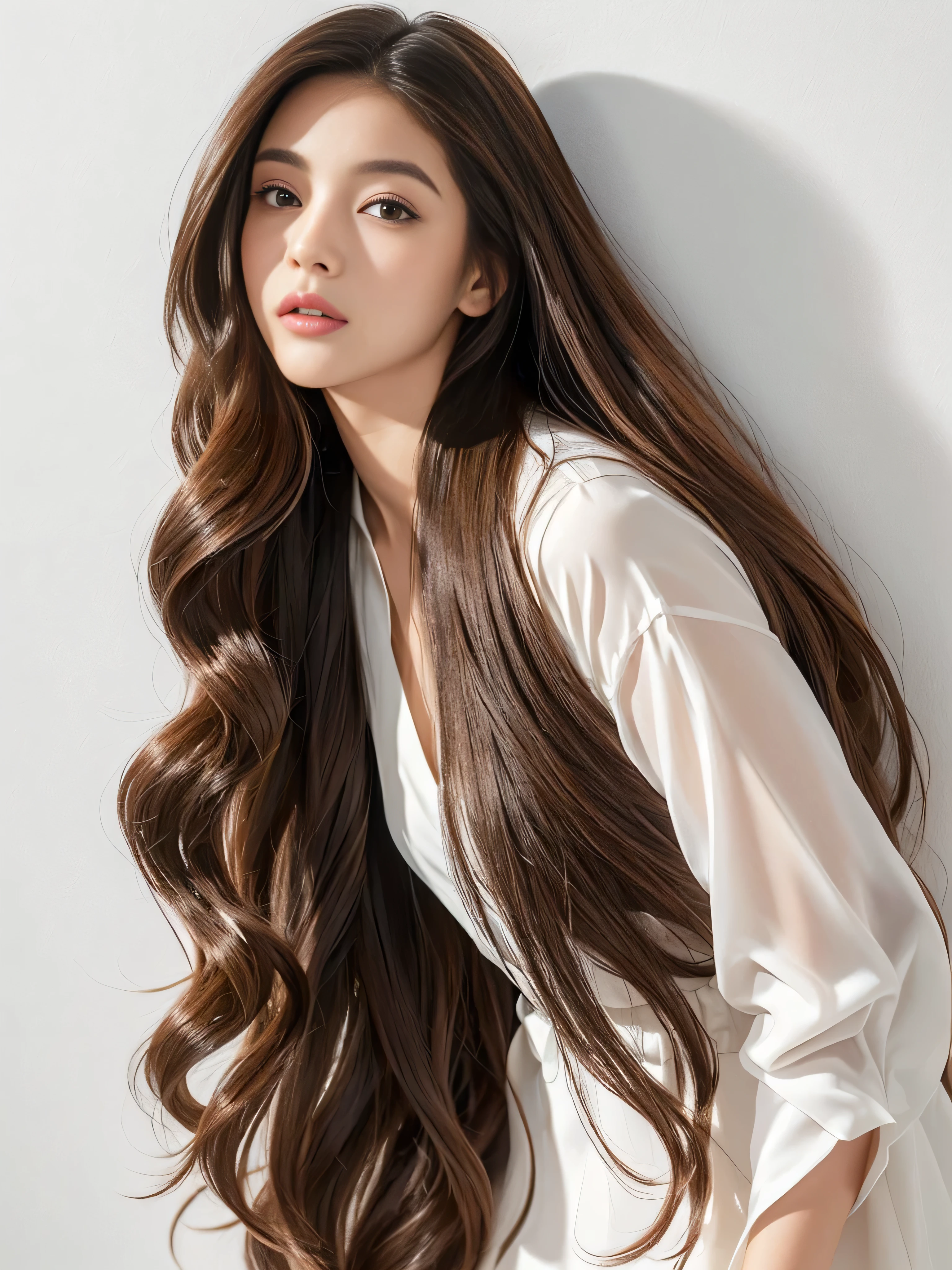 1woman ((Waist up shot:!!!)) (she is in front of a white wall、Random poses showing as much back and hair as possible:1.8) (she looks very confident as she looks at the viewers.:1.8) ((Highest quality)), ((masterpiece)), (family friendly), (Get used to it) ((Her hair is heavy and curly.:1.5)) (((Her hair color is the perfect light brown..:1.8!!))) (Her bangs are neatly trimmed and straight down.:1.5) (Highest qualityの long hair to the ankles!!!!! Highest quality Hair quality with attention to detail long hair to the ankles!!!!!、Very long and lasting hair!!!!! Flowing Hair Her hair is incredibly curly!!! Very shiny and thick hair Abnormally long hair that lasts forever!!!!! Flowing hair on both ends!!!!! long hair to the ankles!!!!! long hair to the ankles!!!!! Thick and shiny hair Very free hair Abnormally long hair!!!!! Beautiful silky hair Beautiful and shiny hair Beautiful and shiny hair Beautiful silky hair long hair to the ankles!!!!! Very long hair!!!!! Very long hair!!!!!) (Highest quality The best ultra-fine long hair to the ankles!!!!!、Very long hair that lasts forever Flowing Hair Her hair is incredibly curly!!! Very shiny and thick hair Abnormally long hair that lasts forever!!!!! Flowing hair on both ends long hair to the ankles!!!!! Thick and shiny hair Very free hair Abnormally long hair!!!!! Beautiful silky hair long hair to the ankles!!!!! Beautiful and shiny hair Beautiful and shiny hair Beautiful silky hair long hair to the ankles!!!!! Very very, Very long hair!!!!! Very very, Very long hair!!!!!) (she is the most beautiful 24-year-old hair model in Japan...........) Perfect woman'face (Her face shape is thinner than average:1.8) (Her eyes are larger than average:1.8 Her nose is higher than average:1.8) (she has a typical Japanese build and skin color..., Her skin is very high quality and ultra high definition.、very beautiful and glowing skin) (Her face is dignified and sexy)(she achieved her sexy look with the help of a professional makeup artist.。... Lipstick is bright red!!! The eyeliner is a beautiful black) (s