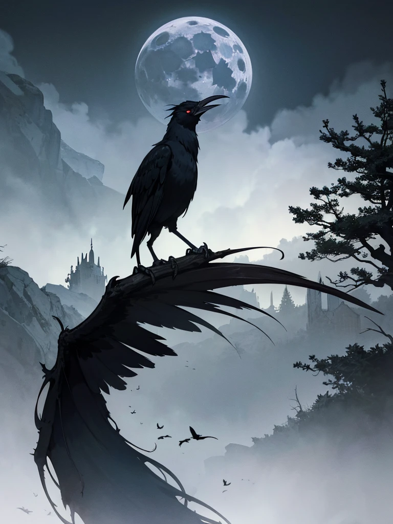 (best quality,4k,8k,highres,masterpiece:1.2),ultra-detailed,(realistic,photorealistic,photo-realistic:1.37),demon raven,gothic,dark,ominous presence,feathers flowing in the wind,blood-red eyes,sharp claws,glistening black feathers,ancient symbols,haunting atmosphere,misty moonlit night,ruined gothic architecture,mysterious shadows,tangled barren trees,ominous moon,menacing aura,whispering darkness,moonlight piercing through the clouds,cryptic symbols,subtle glow,ethereal beauty,the silence of the night,ominous moonlight,echoes of the past,hauntingly beautiful,forbidding secrets,menacing silhouette,sinister energy,ominous whispers,dark realm,void of light,majestic yet menacing presence,ominous presence,dark magic,hauntingly elegant,black feathers shimmering in the moonlight,ancient prophecy enfolding,ominous wings embracing the darkness,enchanted night.