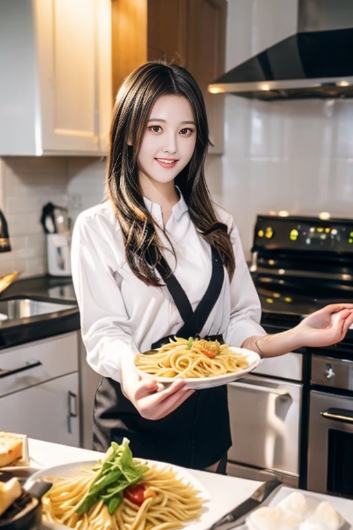 (dynamic angle:1.3, front view:1.1, breast focus:1.3, from above:1.1), (dynamic posing:1.2, sexy posing:1.2), (seductive smiling:1.3), ((holding Pasta on a plate,Taking the pasta out of the pan, worried about the outcome:1.2)),highest quality、(real、photorealistic:1.4),(ultra high resolution, 8K RAW photo, clear focus), best qualtiy, natural lighting, field depth, (Bright pupils, detailed beautiful eyes, high detailed face), Red lip, (tight focus:1.2), a girl 22yo old, Wearing a pastry chef uniform:1.3 , Thicc, thin breast, long hair, blue eyes,garter stocking, cleavage:1.2, midriff, black shorts, black thighhighs, thigh strap, pretty girl, (highly detailed beautiful face and eyes,firm breasts),real skin,((black,hair,long pony tail hair)),thin pubic hair,cute,lovely, detailed eyes,(double breasted:1.0,under bust:1.0),(with sparkling eyes and a contagious smile),open mouth, Looking at Viewer,A scene of make cooking Carbonara Pasta  in the kitchen
