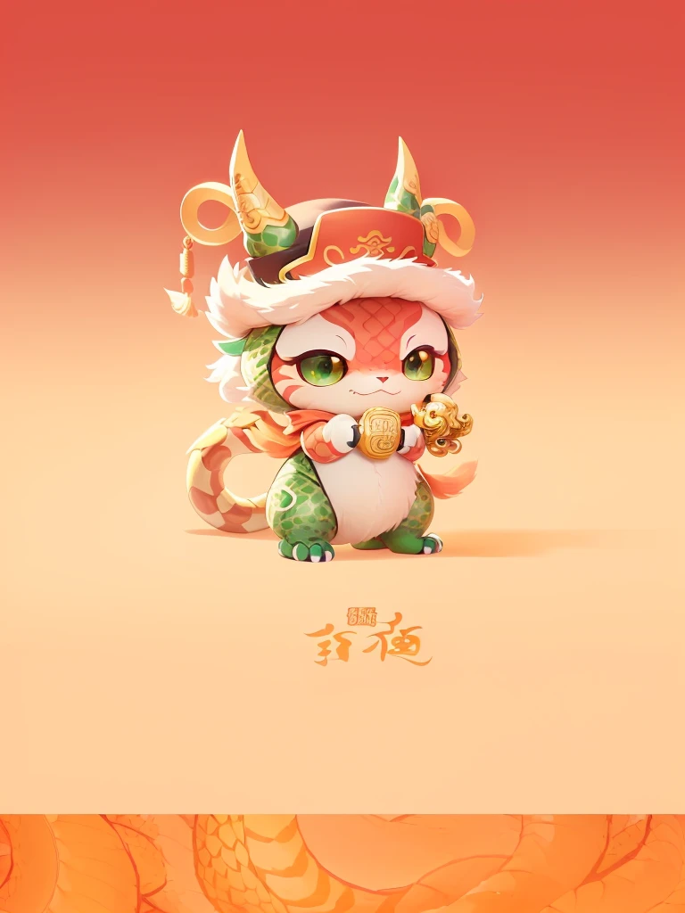 there is a cartoon character of 蛇头 on, Cute little snake, Cute numbers, Lovely and detailed digital art, Cute monster character design, Snake in a hat, Inspired by Pu Hua, Official illustration of anthropomorphic snake, Official character illustrations, Cute numbers艺术, Lovely characters, Ashura，From Chinese mythology, Chinese snake, mascot，Snake tail，Holding a gold ingot，