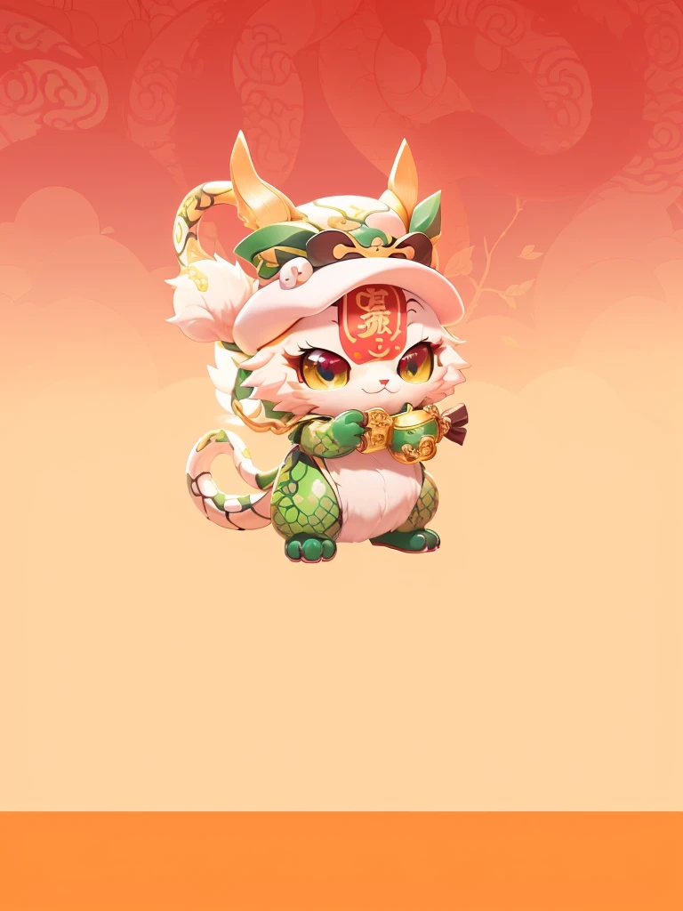 there is a cartoon character of 蛇头 on, Cute little snake, Cute numbers, Lovely and detailed digital art, Cute monster character design, Snake in a hat, Inspired by Pu Hua, Official illustration of anthropomorphic snake, Official character illustrations, Cute numbers艺术, Lovely characters, Ashura,From Chinese mythology, Chinese snake, mascot,Snake tail,Holding a gold ingot,