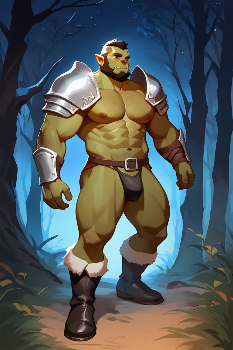 score_9, score_8_up, score_7_up, solo, male focus, bulk male, orc, green skin, tusks, beard, outdoors, micro armor , shoulder armor, breastplate, upper body, closed mouth, pauldrons, night, night sky, standing , boots , shirtless , (black g-string) , full body , black boots , massive ass , laying spread legs