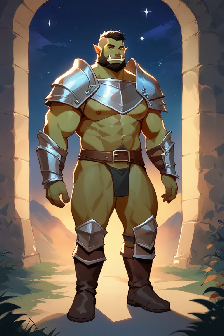 score_9, score_8_up, score_7_up, solo, male focus, mature male, orc, green skin, tusks, beard, outdoors, micro armor , shoulder armor, breastplate, upper body, closed mouth, pauldrons, night, night sky , (( micro-thong:_Pattern_designs_thongs_perspire_massive pec_Get wet all over your body)) , full body , boots , bulge , laying spread legs , legs up