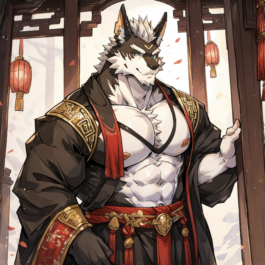 (eastern dragon),furry,white mustache,big pecs,hearty males,muscular,black imperial robe,adult,traditional_chinese_room，head portrait