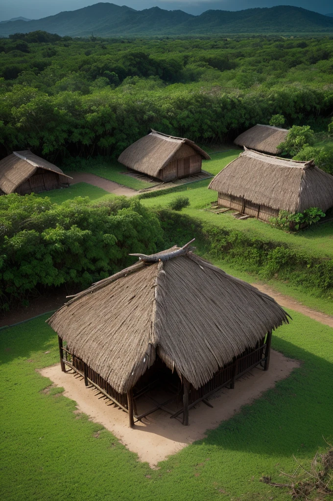 Realistic photo, one isolated brazilian adobe hut, woods, nightfall, viewd from above and afar, weak lights on, 