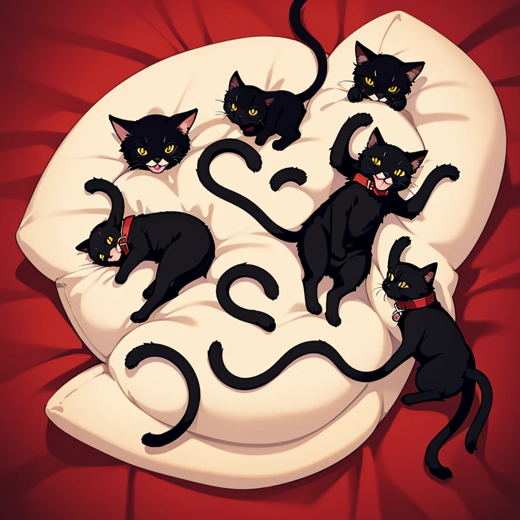 Lots of black cats、Red collar、high quality, 8K、Best illustrations、(From above)