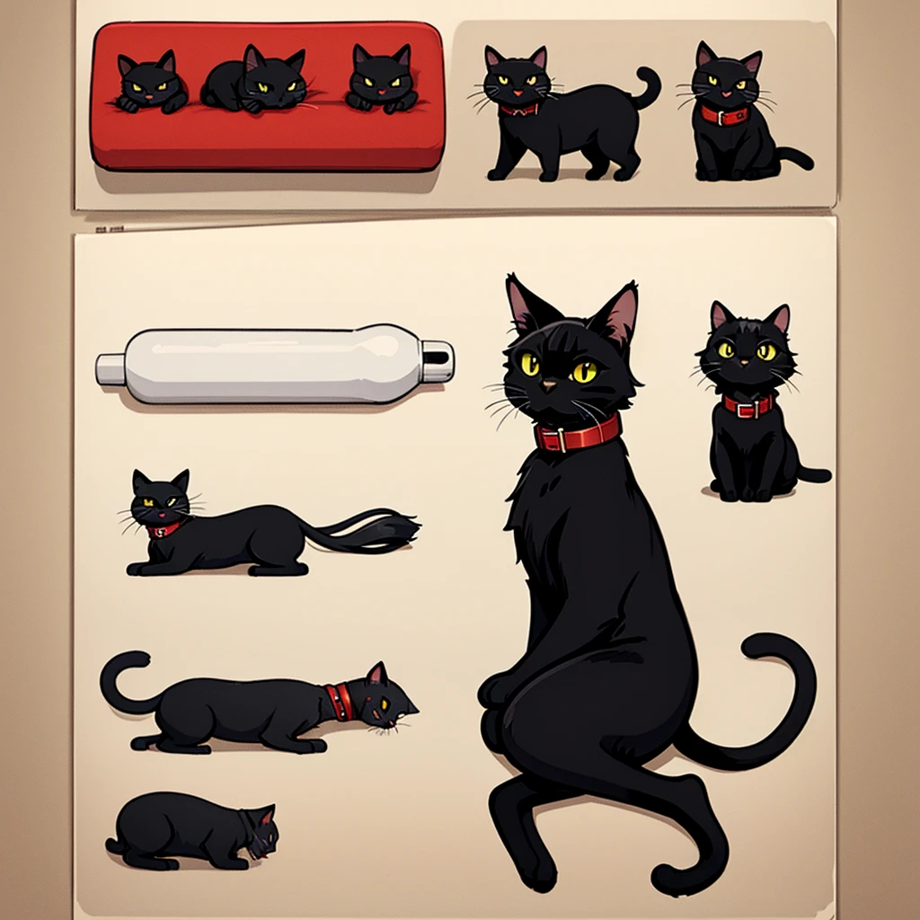black cat、Red collar、high quality, 8K、Best illustrations、(From the side)