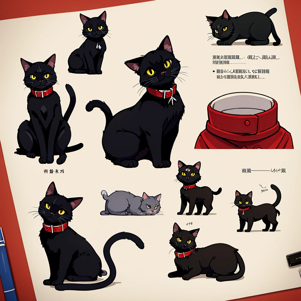black cat、Red collar、high quality, 8K、Best illustrations、(From the side)
