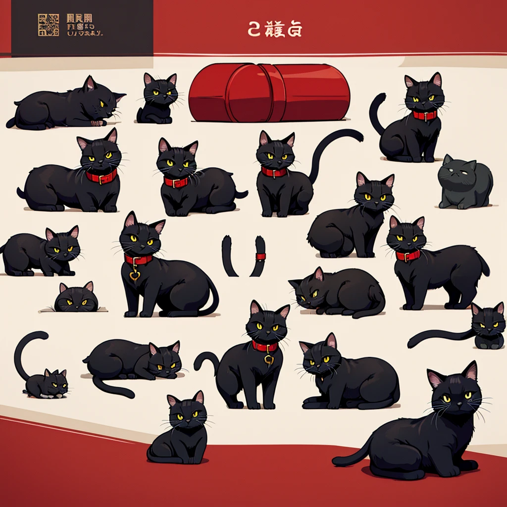 black cat、Red collar、high quality, 8K、Best illustrations、(From the side)