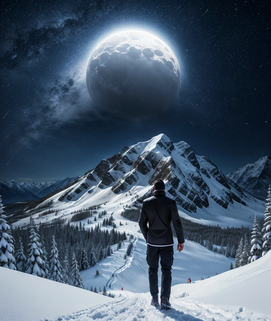 Create A Man Back In Snow Mountains With Mysterious Night 
