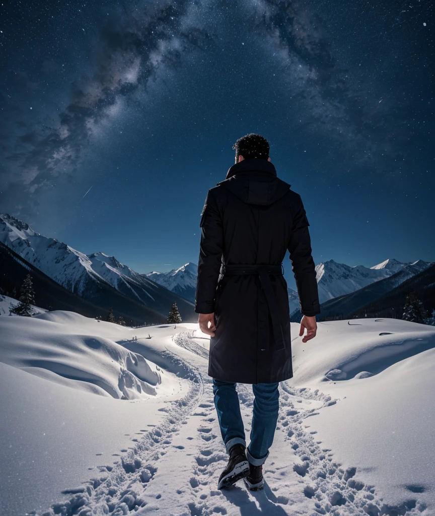Create A Man Back In Snow Mountains With Mysterious Night 