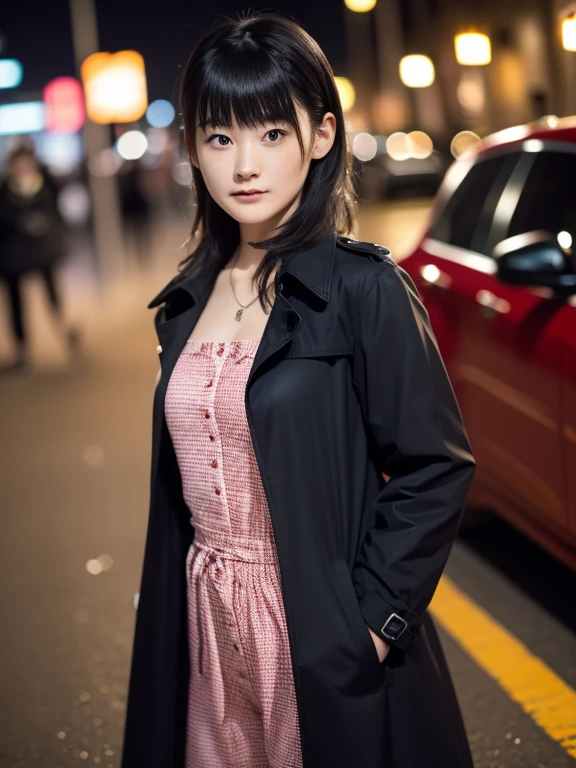 (Ultra-high resolution), (masterpiece), (Attention to detail), (high quality), (最high quality),  One Girl ,Blunt bangs, Black Hair, On a street corner at night、A woman in a black trench coat is standing alone。The city lights are in the background、There is a sense of urban brilliance。