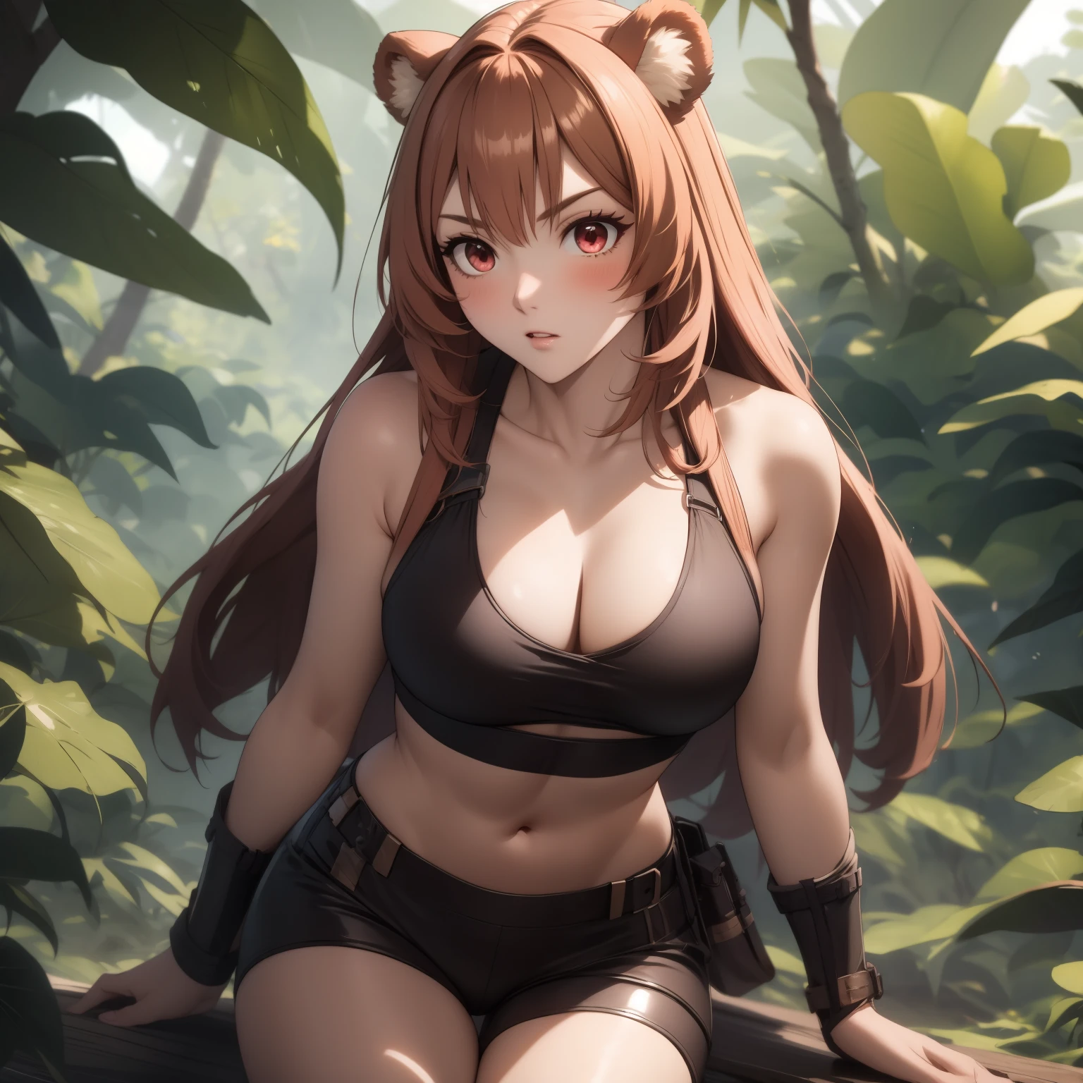 Raphtalia woman 20 years old straight orange hair , rounded bear ears, red eyes like ruby., serious expression, blush, pale skin, big breasts, tight explorer clothing, Lara Croft. background a temple in the jungle.