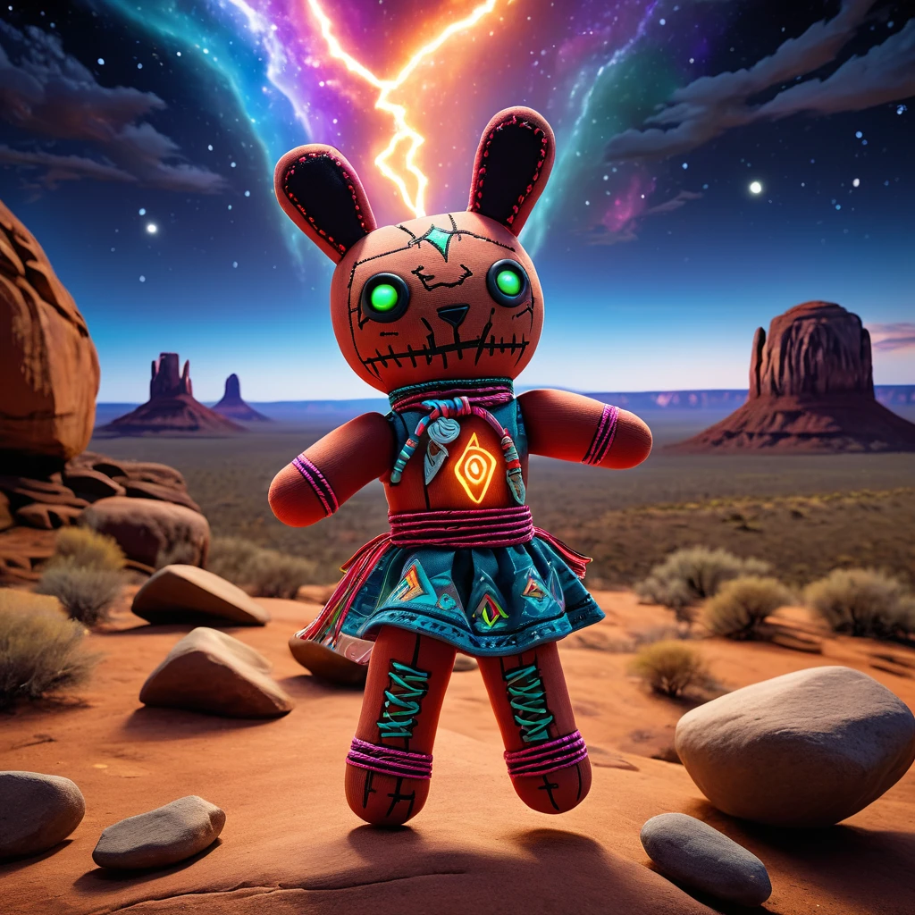 (knitted toy voodoo doll:1.9), (Voodoo Kangaroo:1.2), (Teleporter:1.3), (Clothing: pouch with glowing teleportation runes:1.0), (Accessories: enchanted boomerang emitting sparks of teleport magic, levitating spectral portals:1.1), (background: Australian outback with floating rocks, glowing skies, and spectral jumps:1.2), best quality, masterpiece, detailed soft oil painting, detailed background, dramatic cinematic lighting, soft edge lighting, professional, dramatic lighting, hard edge lighting, ultra quality, 4k,masterpiece, best quality, 8k, ultra highres, highres, extremely detailed