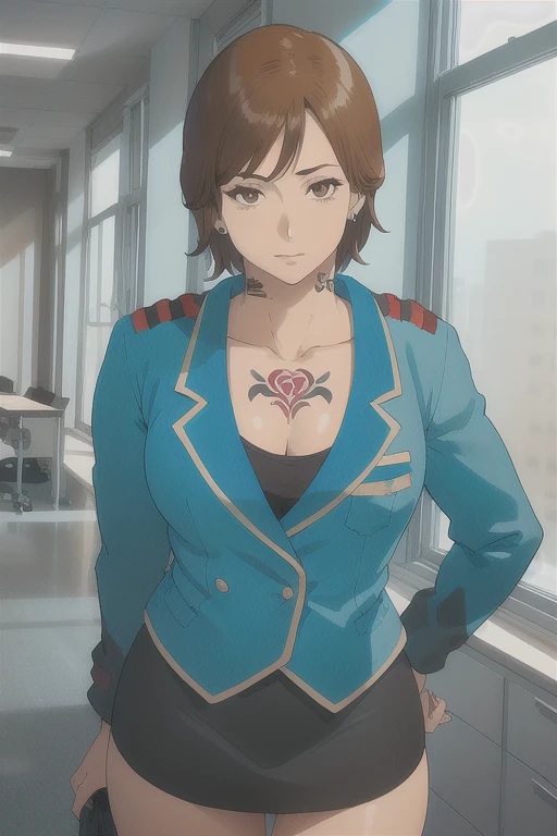 (high quality:1.1), complex parts, Cinematic lighting,
MinamiMitsuko, 1 girl, mature woman, One,  hands on chest,  cowboy shot,
(Looking at the viewer:1.1), definite,
Brown hair, short hair, Brown eyes, jewelry, earrings,
Blue uniform, Black miniskirt, hair ribbon, clavicle,
lush, big breasts,
in room, office, window, day, (a small amount of white fluid in the vagina), hairy pussy, Tattoos
