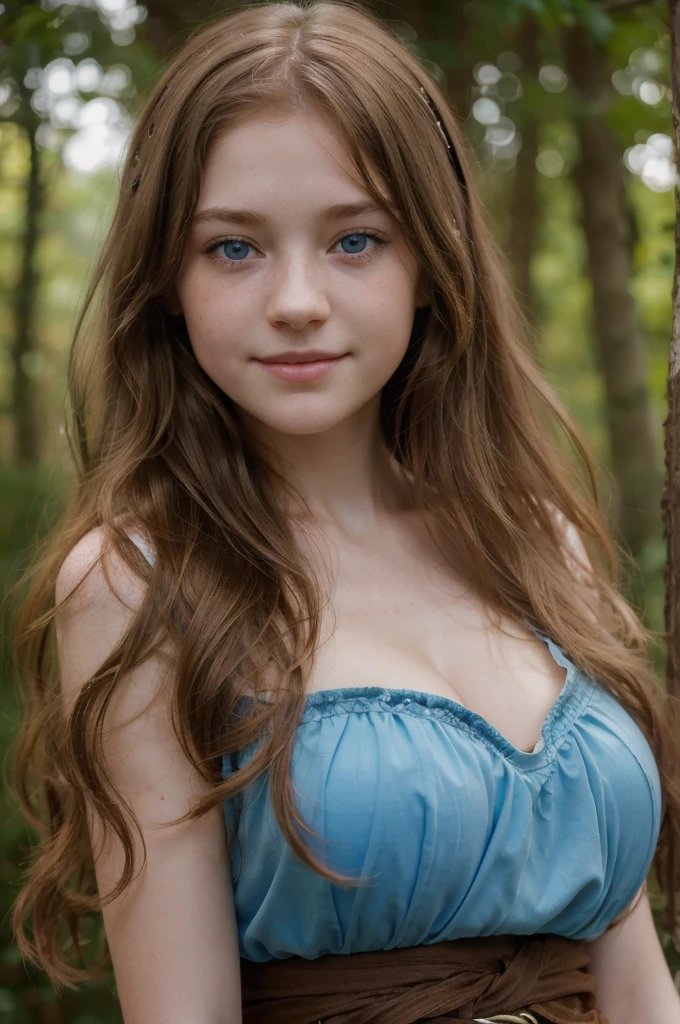 ((high resolution)), ((pale skin)), freckled, brunette ((11 ans)) fille, with blue eyes, blushing cheeks, wavy hair, souriant, tetas grandes, comme un druide fantastique