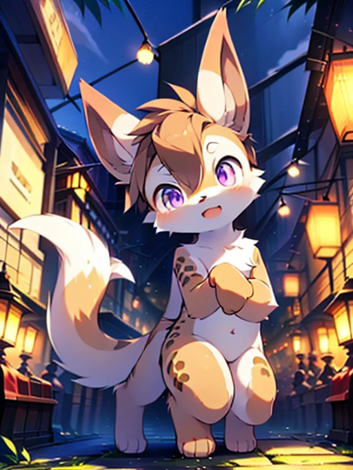 Civet cat, **********, cute, (alone), (((Has brown and white fur))), Big purple eyes, Blushing, smile, Open your mouth, walking, night, Ancient Asian cities, bright street lights, Blue and black slate road, Empty Streets, Starry Sky, Shadow, Detailed facial depiction, ((Accurate hand drawing)), レンブラントの光とShadow, Ultra-fine，Completely naked，Naked，Naked，Full nudity，Nude，Barely，Fully visible，Spread your legs and point your crotch，Embarrassing，Embarrassed look，On all fours，Put your hands and feet on the ground，Sit like a dog，quadruped，Accurate hand and foot count，shame，Estrus，first round，Fantasy，Anime-style depiction，